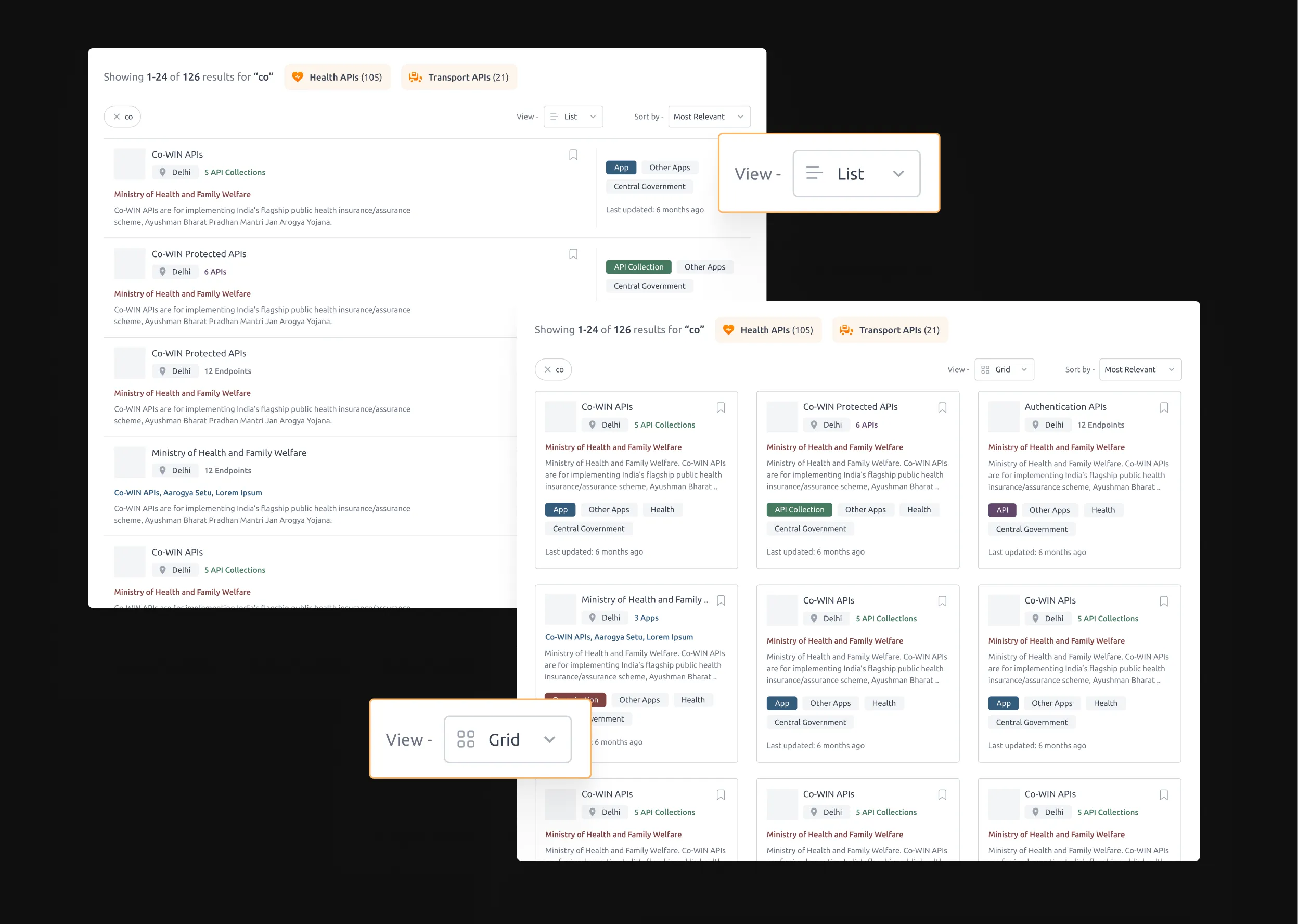 Switchable list and grid views on the search results page